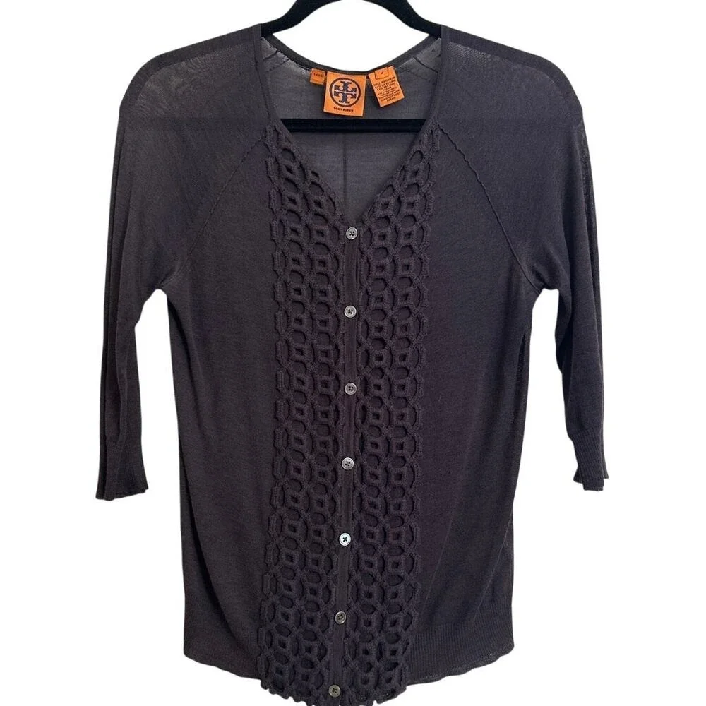 Tory Burch Silk‎ Cashmere Blend Crochet Trim Cardigan - Gray - Size M